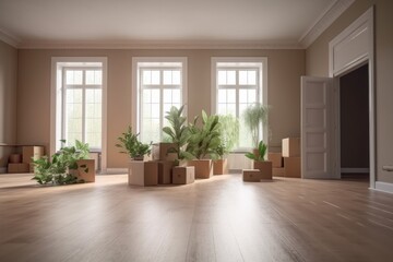 Empty room full with boxes and plants.Moving in the new home concept.Interior with moving boxes in empty white room 3d render
