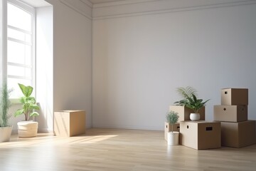 Fototapeta na wymiar Empty room full with boxes and plants.Moving in the new home concept.Interior with moving boxes in empty white room 3d render