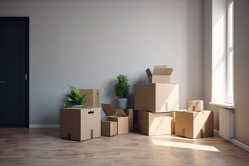 Empty room full with boxes and plants.Moving in the new home concept.Interior with moving boxes in empty white room 3d render