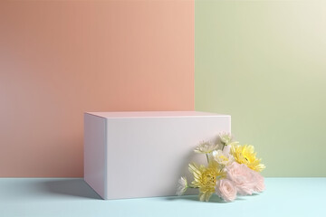 Youthful minimalist Mock Up concept for beauty and lifestyle product presentation, simple empty podium decorated with spring flowers, pink, teal, orange, coral pastel colored background, generative AI