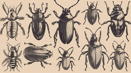 Assortment of hand drawn insects, including beetles. Unique and artistic collection. Generative AI - obrazy, fototapety, plakaty