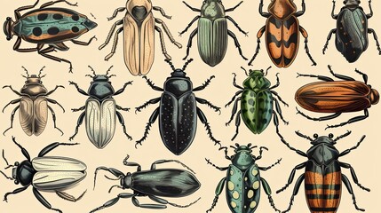 Assortment of hand drawn insects, including beetles. Unique and artistic collection. Generative AI