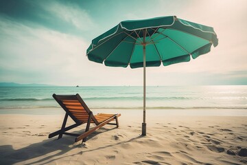 Sunny Beach Landscape with Umbrella and Chairs, space for text