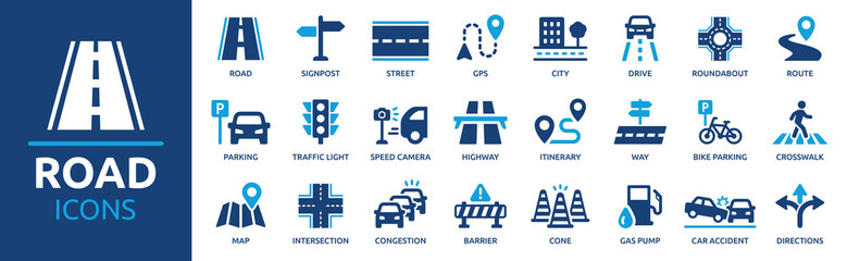 Road icon set. Containing street, highway, traffic light, signpost, directions, parking, route, GPS, drive, crosswalk, intersection and roundabout symbol. Solid icon collection. - obrazy, fototapety, plakaty