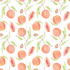 Watercolor peaches seamless pattern. Fruit background. Use for textiles, wallpaper, gift wrapping, covers.