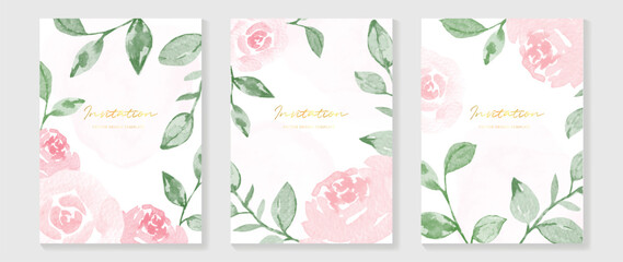 Luxury wedding invitation card background vector. Elegant watercolor texture in plants, pink flower, leaf, rose. Spring floral design illustration for wedding and vip cover template, banner, invite.