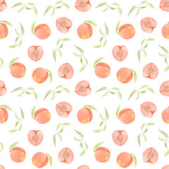 Watercolor peaches seamless pattern. Fruit background. Use for textiles, wallpaper, gift wrapping, covers.