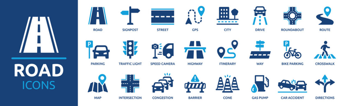 Road icon set. Containing street, highway, traffic light, signpost, directions, parking, route, GPS, drive, crosswalk, intersection and roundabout symbol. Solid icon collection.