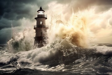 Fototapeta na wymiar Lighthouse massive storm splash. Generate Ai