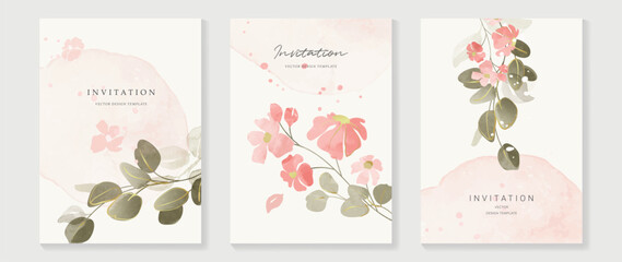 Luxury wedding invitation card background vector. Elegant watercolor texture in pink flower, leaf, gold line. Spring floral design illustration for wedding and vip cover template, banner, invite.