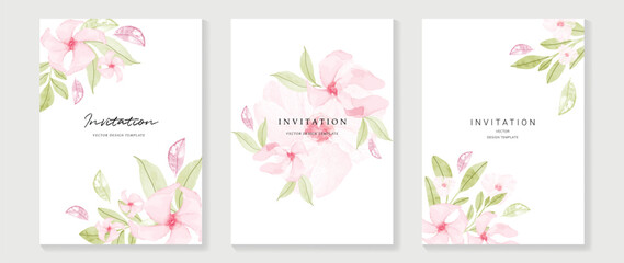 Fototapeta na wymiar Luxury wedding invitation card background vector. Elegant watercolor texture in plants, pink flower, leaf. Spring floral design illustration for wedding and vip cover template, banner, invite.