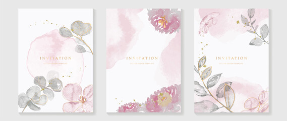 Luxury wedding invitation card background vector. Elegant watercolor texture in plant, pink flower, gold line. Spring floral design illustration for wedding and vip cover template, banner, invite.