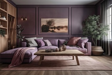 Purple toned wooden living room. Venetian shades, fabric sofa, cushions. Farmhouse decor,. Generative AI