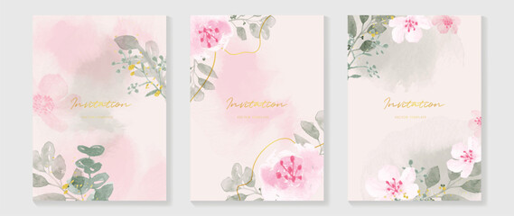 Luxury wedding invitation card background vector. Elegant watercolor texture in plant, pink flower, gold line. Spring floral design illustration for wedding and vip cover template, banner, invite.