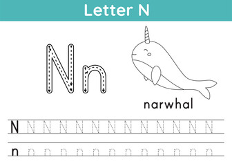 Alphabet ABC, a-z exercise. Coloring page. Trace letter N. Vocabulary for coloring book. Cute cartoon narwhal. Printable activity worksheet for children. Educational game. Vector illustration © Kristina