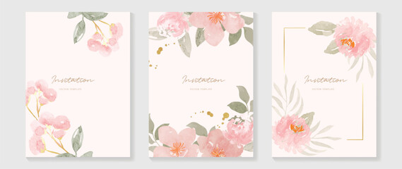 Luxury wedding invitation card background vector. Elegant watercolor texture in pink flower,gold sparkle, gold border. Spring floral design illustration for wedding and cover template, banner, invite.