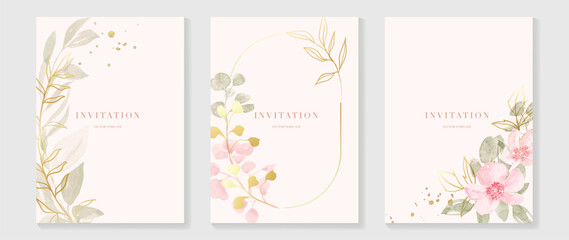 Fototapeta na wymiar Luxury wedding invitation card background vector. Elegant watercolor texture in pink flower, gold line, gold border. Spring floral design illustration for wedding and cover template, banner, invite.