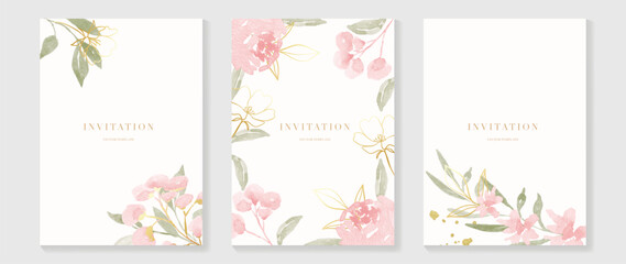 Luxury wedding invitation card background vector. Elegant watercolor texture in pink flower, gold sparkle, gold line. Spring floral design illustration for wedding and cover template, banner, invite.