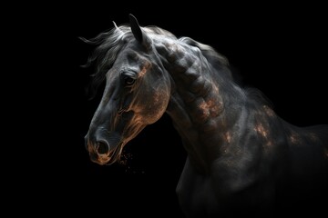 Head of horse in fire on black background made with generative AI
