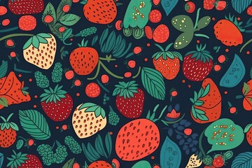 black background with a repeating pattern of red strawberries and green leaves. Generative AI