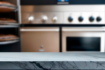 Wooden board empty table and blurred or defocus background and light bulb bokeh . Perspective brown wood table over blur in bakery shop background , bakery shop concept