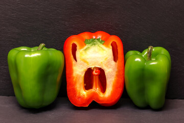 Two green peppers and a red one cut in half. Wooden background