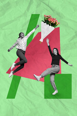 Vertical collage image of two excited black white gamma girls jumping catch flowers bouquet...