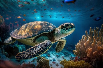 Fototapeta premium Sea turtle swimming under sea, created with generative AI