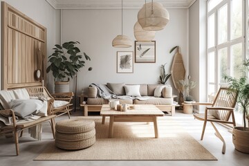 Scandinavian home design, light living room with neutral wooden furnishings,. Generative AI