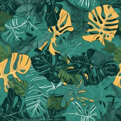 Tropical leaves seamless pattern, created with generative AI
