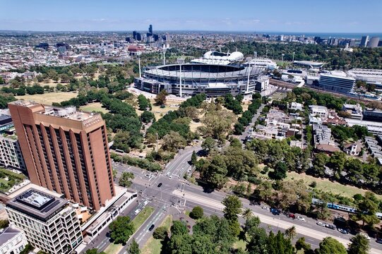 Aerial view of the Pullman hotel and Melbourne Cricket ground MCG district at daytime, Australia