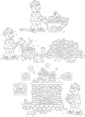Funny elderly villager chopping firewood on a backyard, carrying chopped billets in a handcart and putting them in a burning fireplace of a country house, set of vector cartoon cliparts