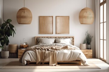Comfortable contemporary bedroom with sunshine on a blank beige wall, lamps on bedside tables on each side of the bed with rattan headboard, huge spikelets in a vase near the window with bamboo blind