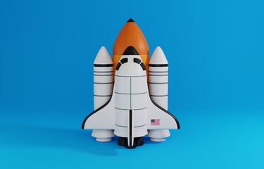 Space shuttle. Spaceship Rocket isolated on blue background. 