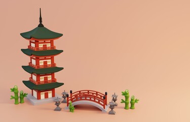 Travel Japan Background. Chureito Pagoda, traditional Japanese bridge and bamboo isolated on pastel background. 3D Render Illustration.