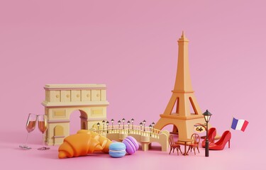 Travel Paris, French Background.  Eiffel tower, Arc de triomphe, croissant, macaron and cafe isolated on pink background. 3D Render Illustration.