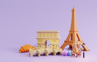 Travel Paris, French Background.  Eiffel tower, Arc de triomphe, croissant, macaron and cafe isolated on purple background. 3D Render Illustration.