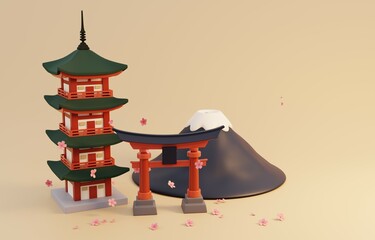 Fototapeta premium Travel Japan Background. Torii gate, Chureito Pagoda, Fuji san and sakura isolated on pastel background. 3D Render Illustration.