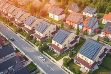 Drone view on suburb houses with  solar panels on the rooftop