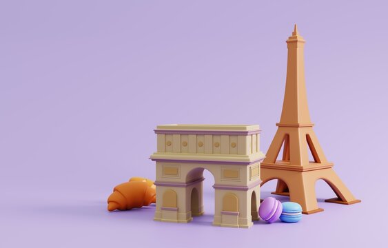 Travel Paris, French Background.  Eiffel tower, Arc de triomphe, croissant and macaron isolated on purple background. 3D Render Illustration.