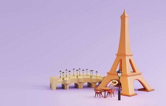 Travel Paris, French Background.  Eiffel tower, bridge and cafe isolated on purple background. 3D Render Illustration.