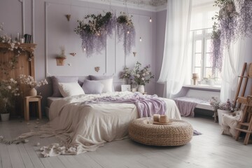 lilac bedroom bed extremely bright hue of 2022 in boho style, butterfly and lilac gypsophila flowers, vintage decor in retro loft style room, celebrating Valentine's Day on February 14. Generative AI