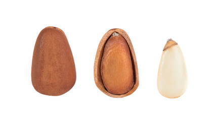 Pine nuts on white background. Pine nuts in shell.