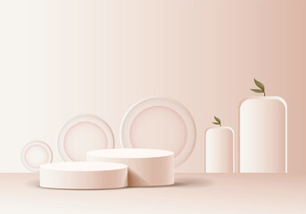 Mockup podium Brown Background and tropical palm leaf abstract background 3d render