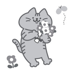 花束を持った猫のイラスト素材　白黒
