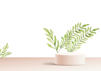Mockup podium Brown Background and tropical palm leaf abstract background 3d render