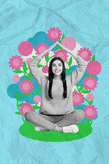 Creative painting colorful collage of happy young lady sitting have hands roof enjoy spring day pink red flowers