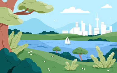 Nature landscape, view on city buildings from urban park. Summer scenery background, boat sailing on river water, lake, trees, plants, green grass, flowers, sky horizon. Flat vector illustration