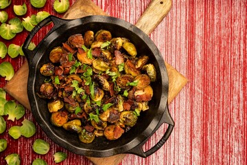 Roasted brussels sprouts in a pan