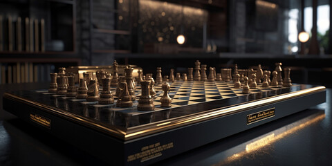 Concept of Strategy business ideas for Innovation planing and planing idea chess competition,futuristic graphic icon and gold chess board game black color tone with financial stock line background Gen